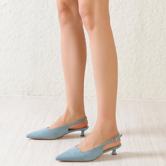 Women's Light Blue Pointed Closed Toe Slingback Kitten Heels Pumps Party Shoes - Picture 8 of 9